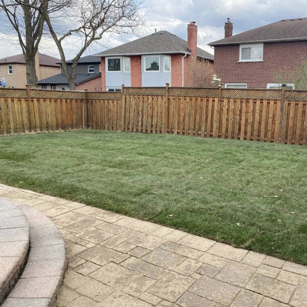 patio steps leading down to a brick area followed by lawn